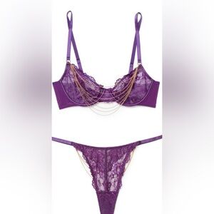 Adore Me 34A Like New Purple Lace Bra Thong Set with Gold Accents